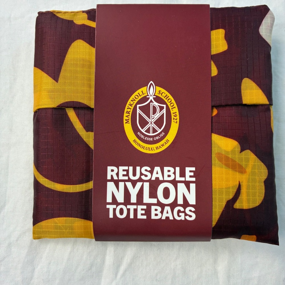 Maryknoll School Honolulu Hawaii Reusable Nylon Tote Bag Floral Burgundy Gold